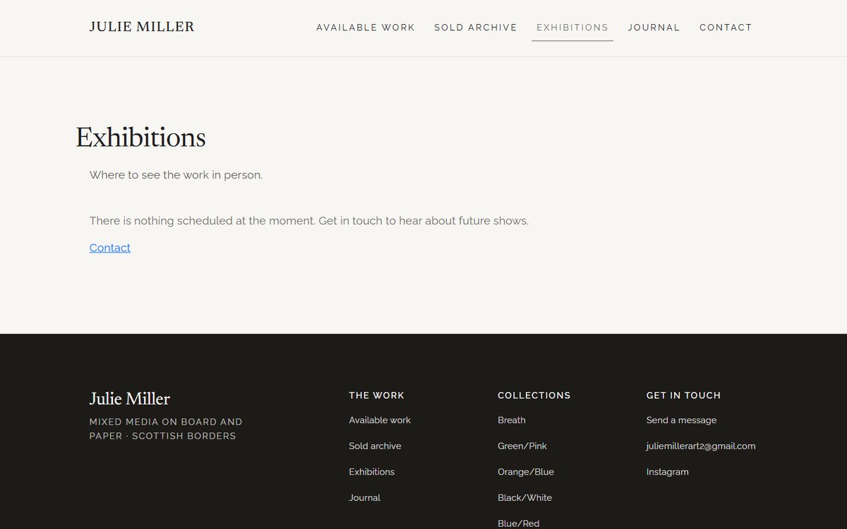 The exhibitions page on the Julie Miller Art website